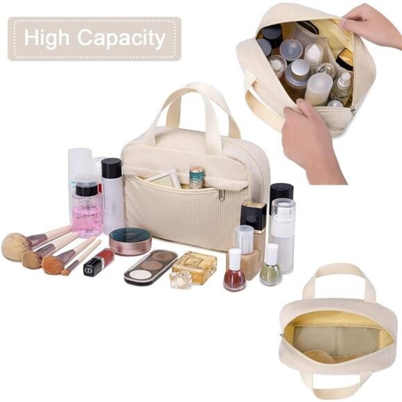 Makeup Bag for Women Girls Cute Corduroy Travel Cosmetic Tote Make Up Organizer - Picture 5 of 7